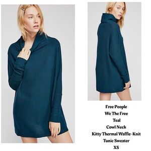 Free People We The Free Teal Cowl Neck Thermal Waffle-Knit Tunic Sweater Teal XS